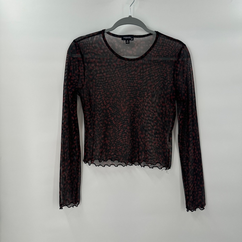 Fairy Grunge Sheer Mesh Crop Top Medium Indie Goth Ruffled Red‎ Black Leopard
